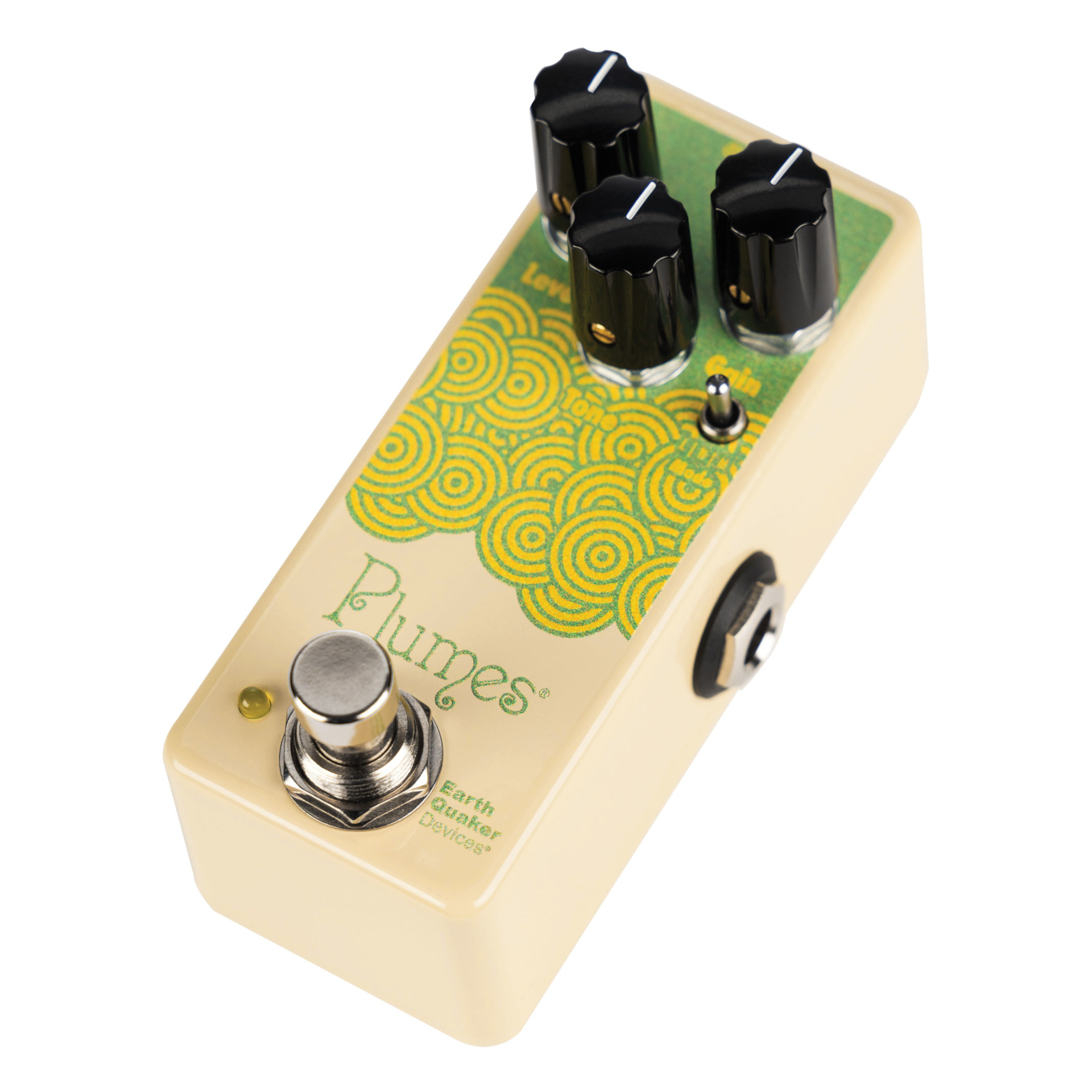 Gitarreneffektpedal, Overdrive-Pedal, Cremefarbenes Gehäuse, Drei Drehregler, Fußschalter
